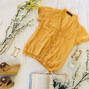 Yellow Polkadot Chiffon Button Down Blouse